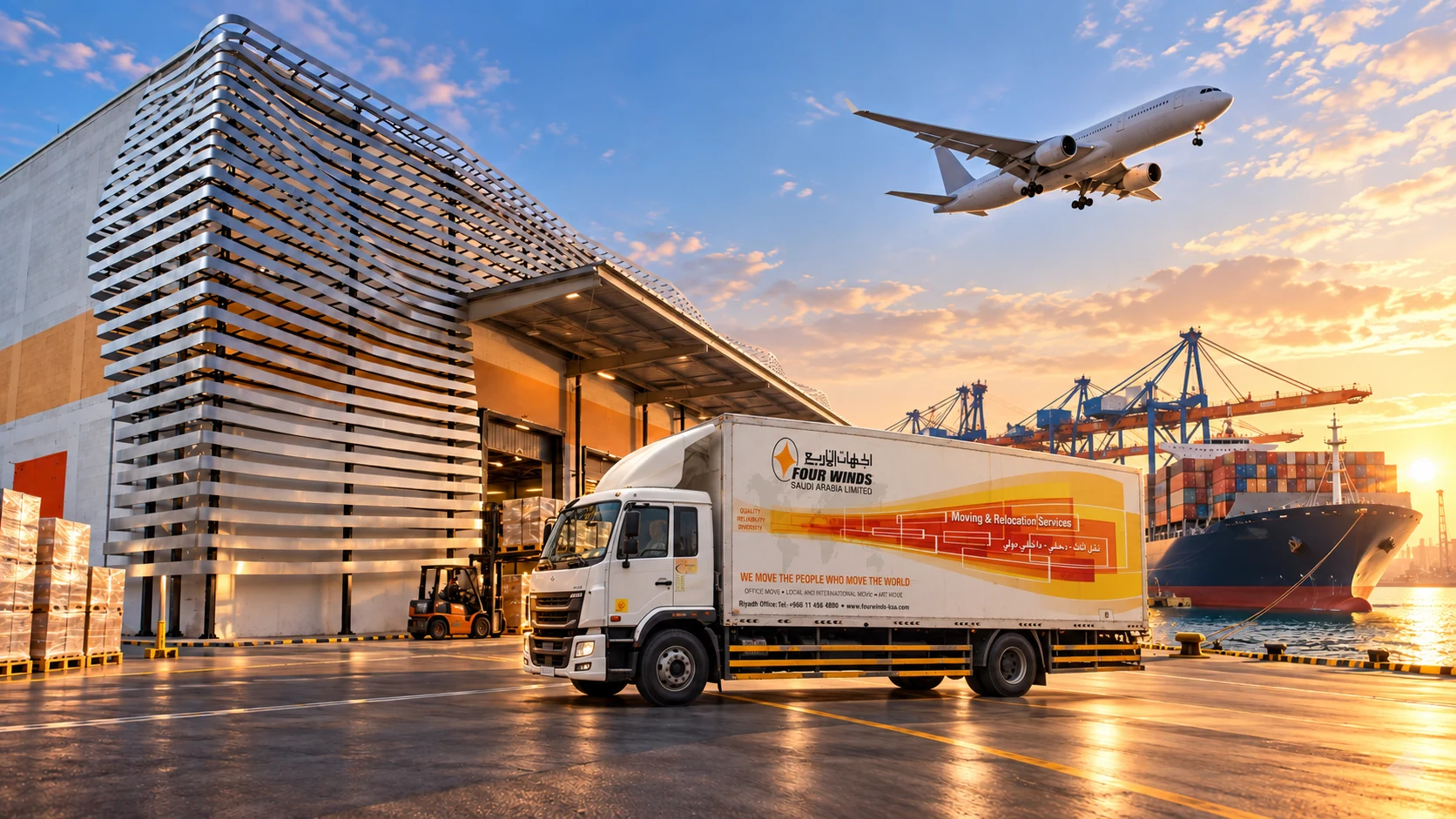Four Winds truck, warehouse, aircraft and cargo ship at sunset